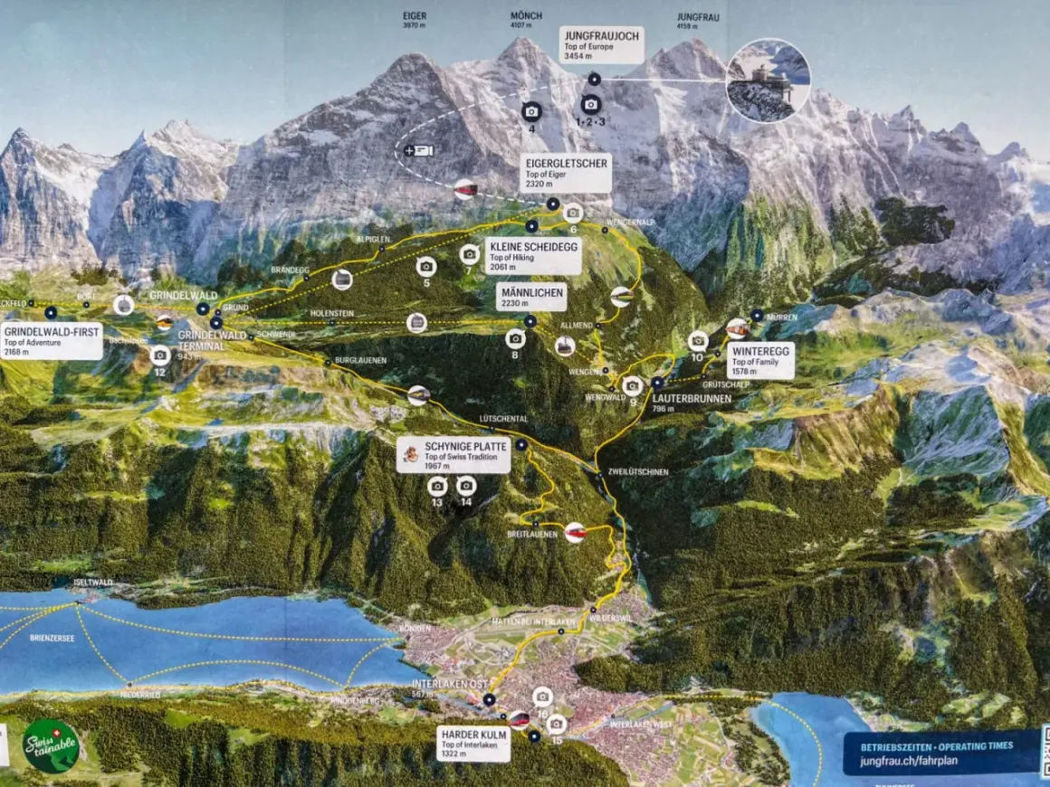 Mapa de la región de Jungfrau, Suiza, con rutas de tren y teleférico, picos como Eiger y Jungfraujoch, y pueblos como Grindelwald e Interlaken. ¡Qué ver en Suiza!