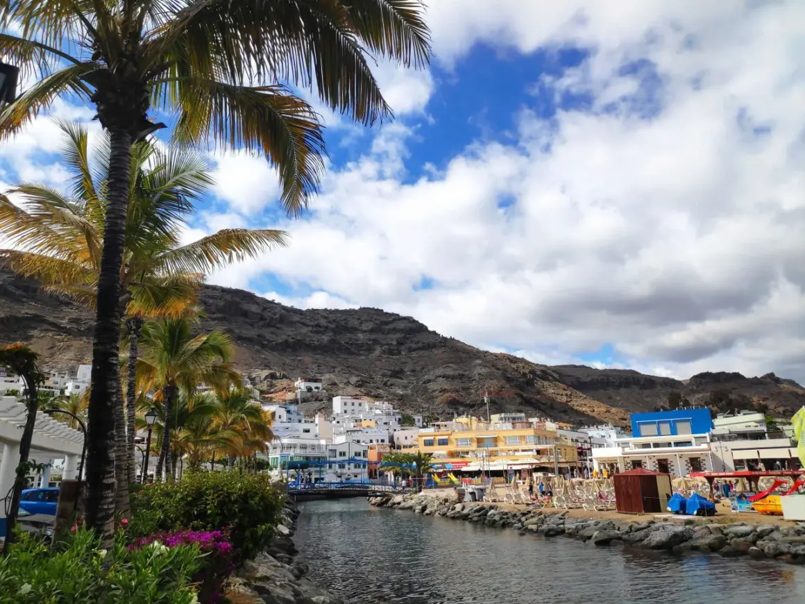 Palmeras y un canal en un pueblo costero de Las Palmas de Gran Canaria, con casas blancas y montañas al fondo.