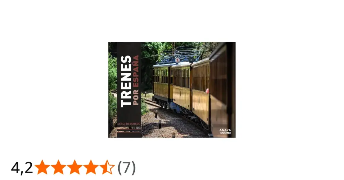 Un tren de madera recorre un paisaje verde. El título "Trenes por España" sugiere un viaje inolvidable.