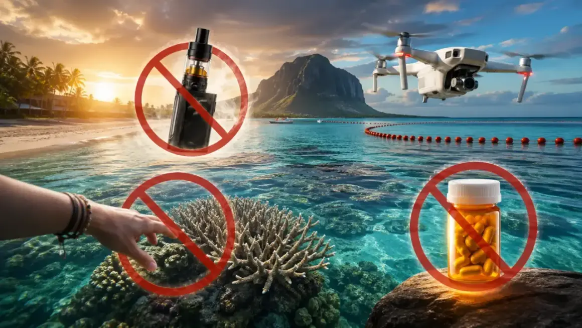 Prohibido vapear, tocar corales y traer drones o pastillas. Protege la belleza de Isla Mauricio de estos peligros.