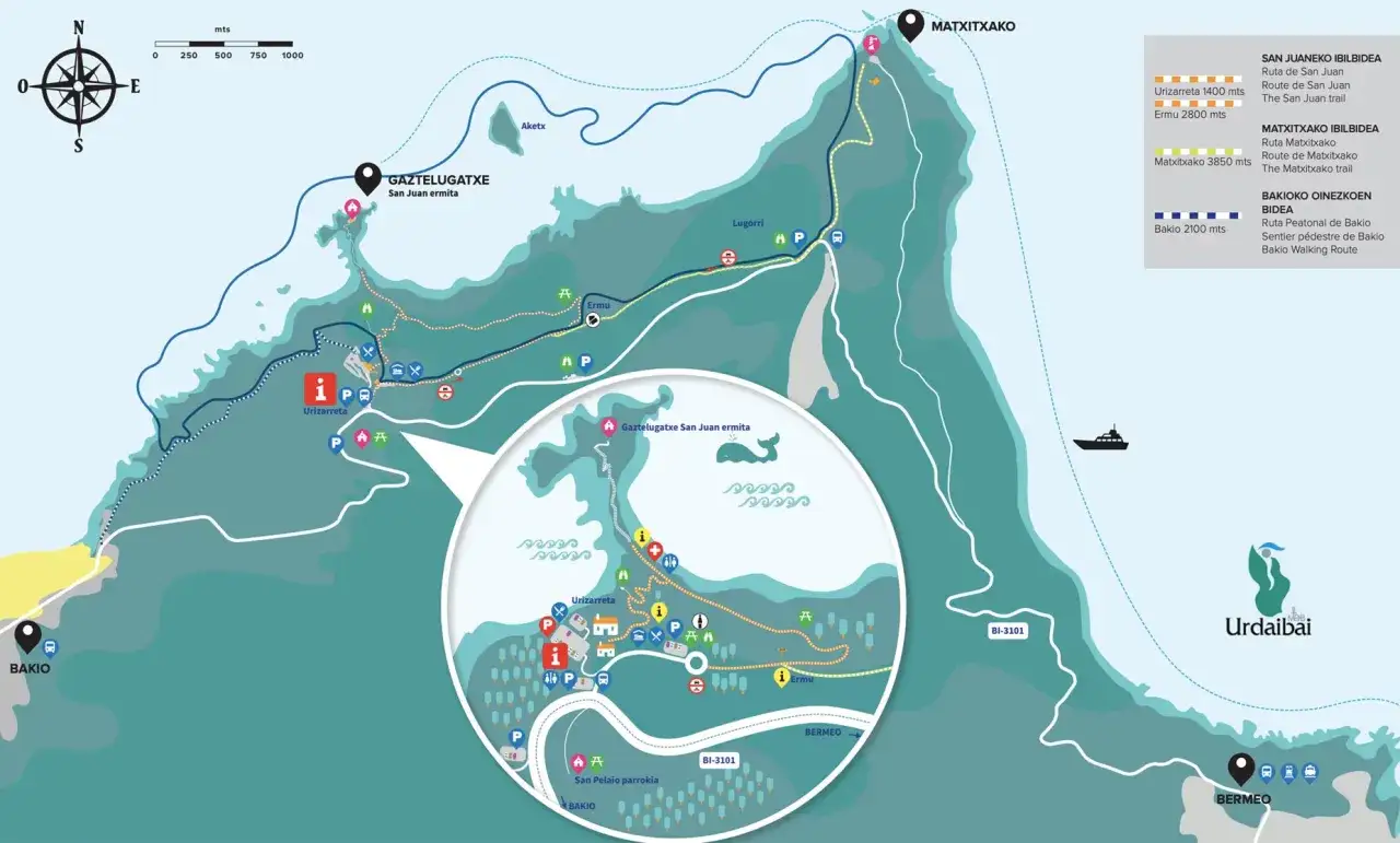 Mapa de senderismo que muestra cómo llegar a San Juan de Gaztelugatxe, con rutas desde Bakio y Matxitxako, puntos de interés y distancias.