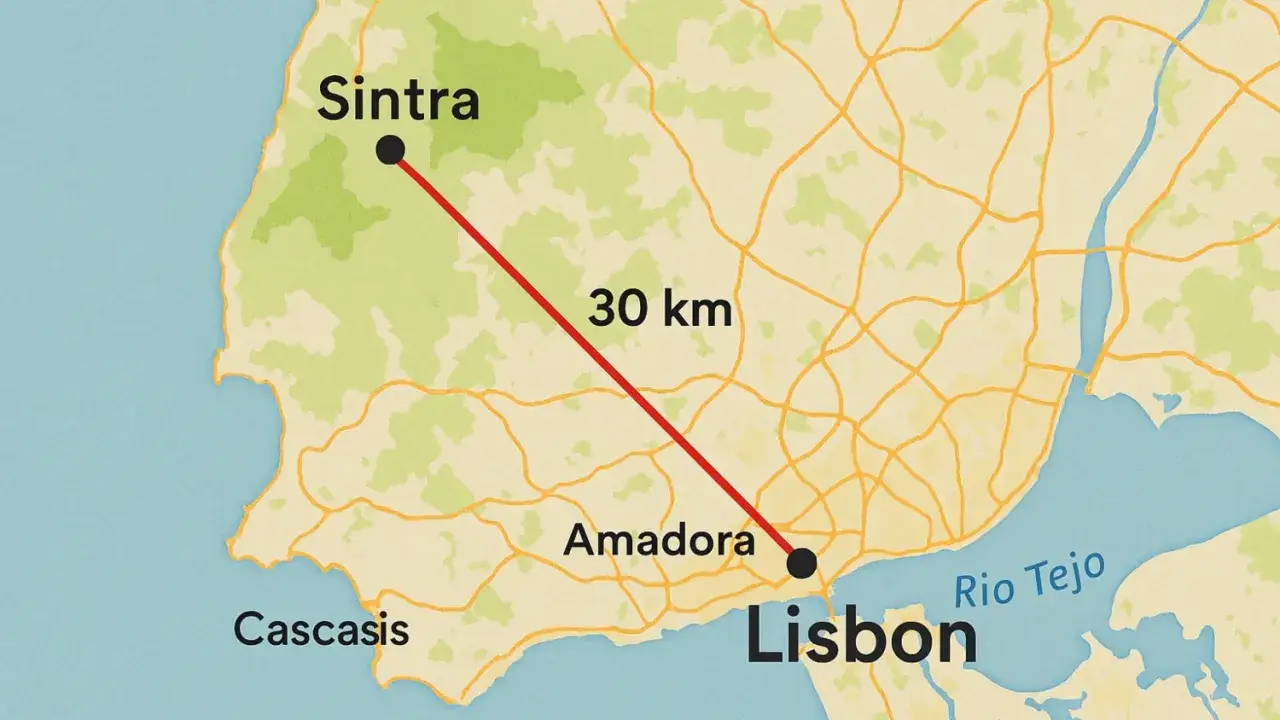 Mapa muestra c&oacute;mo ir de Lisboa a Sintra, 30 km. Incluye Amadora y el r&iacute;o Tajo.