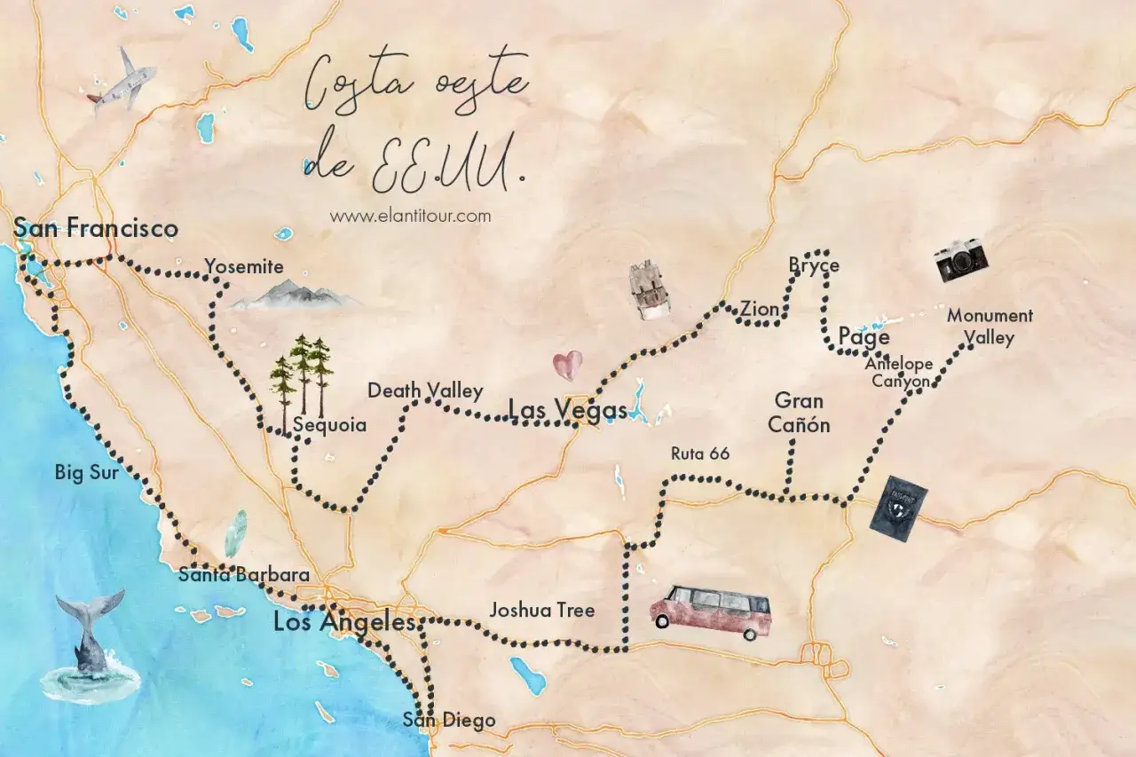 Mapa ilustrado de la ruta costa oeste EEUU: San Francisco, Yosemite, Las Vegas, Gran Ca&ntilde;&oacute;n, Monument Valley y m&aacute;s.