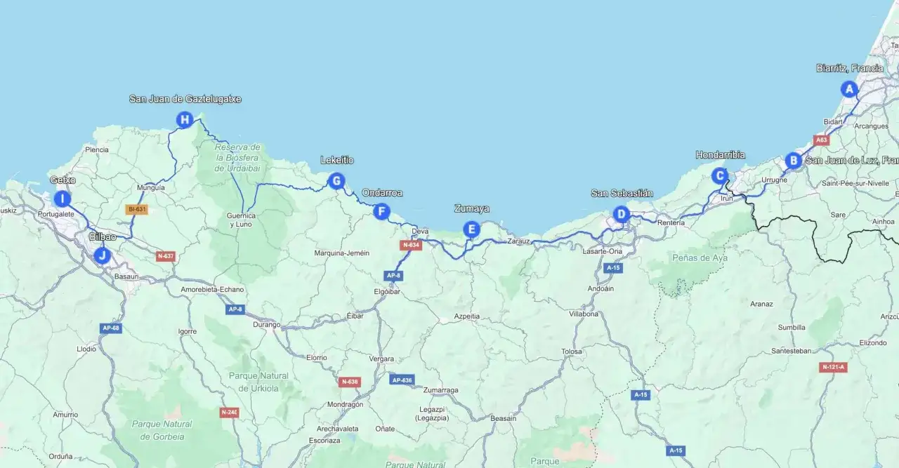 Mapa de una ruta por el norte de Espa&ntilde;a, mostrando ciudades como San Sebasti&aacute;n, Bilbao y San Juan de Gaztelugatxe.