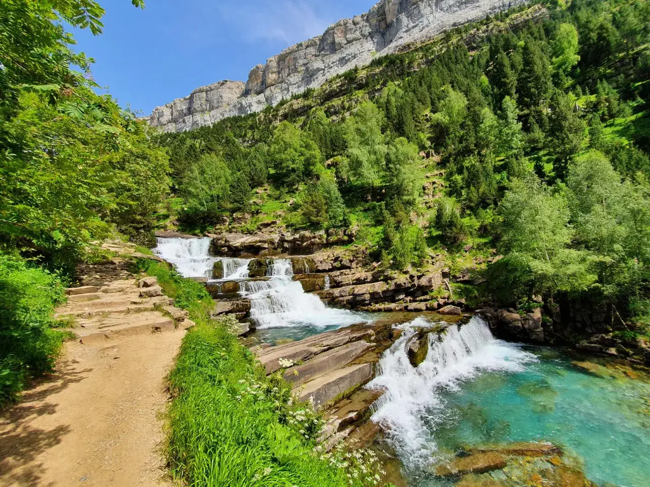 Cascada en Ordesa y Monte Perdido. Un sendero de piedra bordea un río turquesa y cascadas que descienden por rocas, con bosques y montañas al fondo.