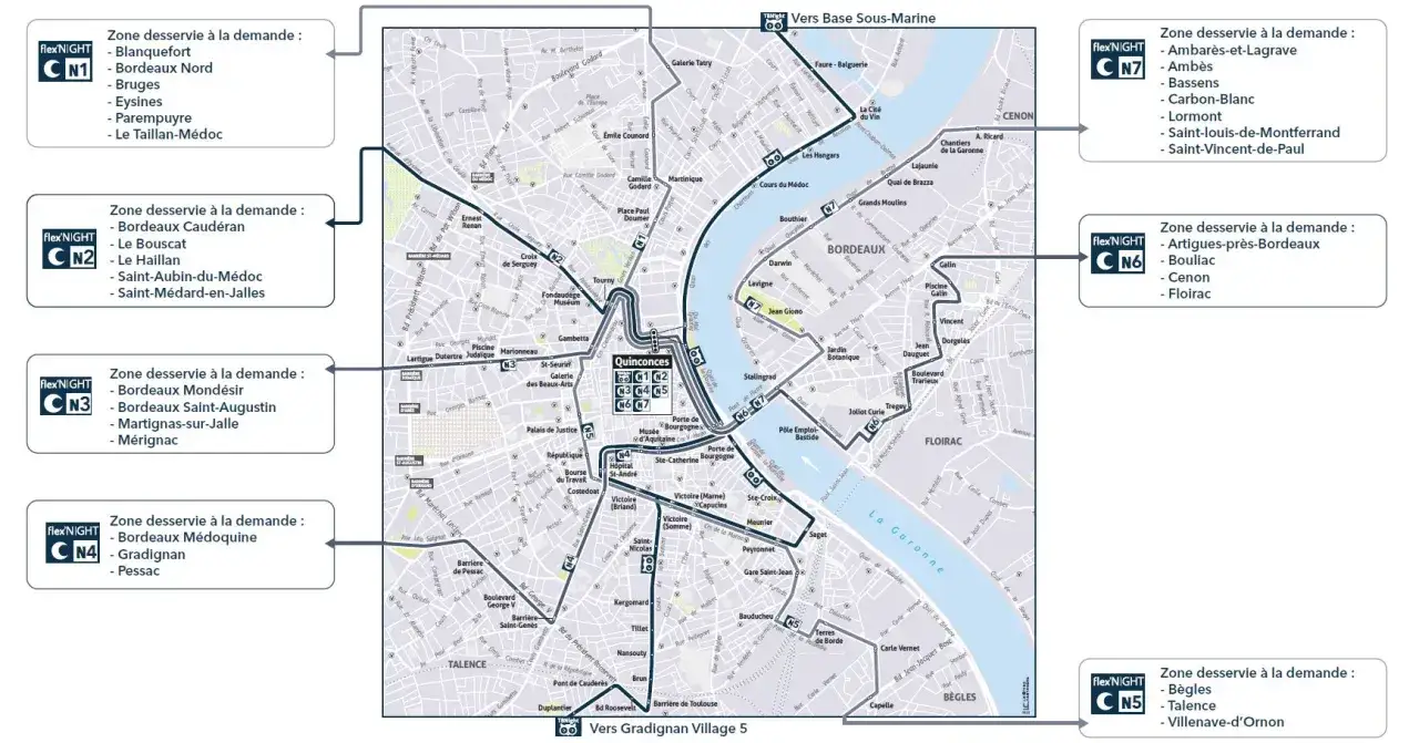 Mapa de transporte p&uacute;blico de Burdeos. Rutas Flex'NIGHT CN1-CN7 y sus zonas de servicio.
