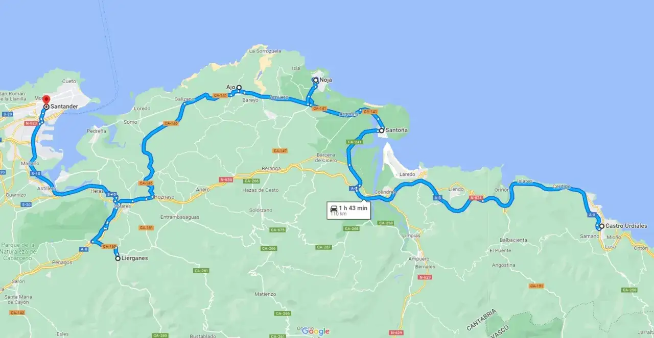 Ruta sugerida para Cantabria en 4 días: Santander, Noja, Santoña y Castro Urdiales. 110 km, 1h 43min.