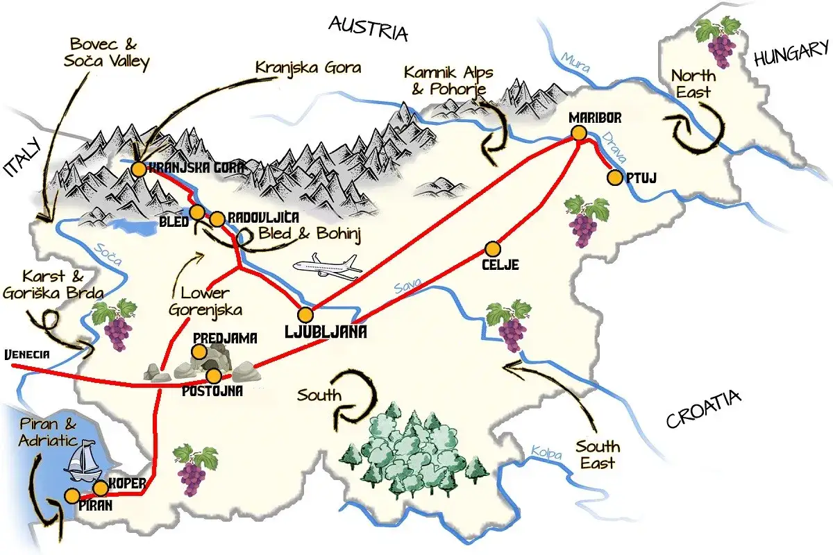 Mapa de Eslovenia con ruta turística: visita los Alpes, el valle de Soča, Bled, Liubliana, Postojna y la costa adriática. ¡Descubre qué ver en Eslovenia!