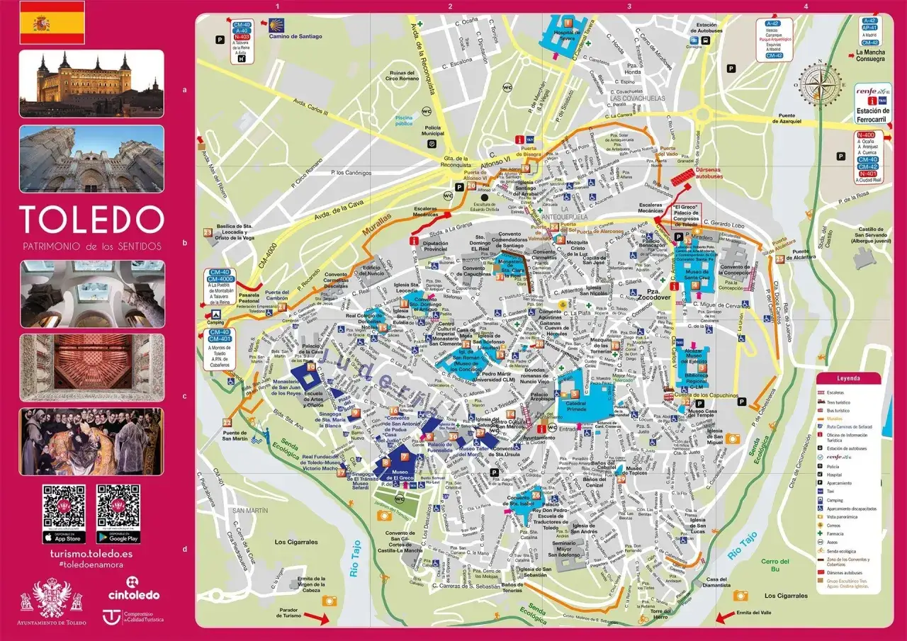 Mapa de Toledo con indicaciones de d&oacute;nde aparcar. Muestra aparcamientos, estaciones de autob&uacute;s y tren, y puntos de inter&eacute;s.