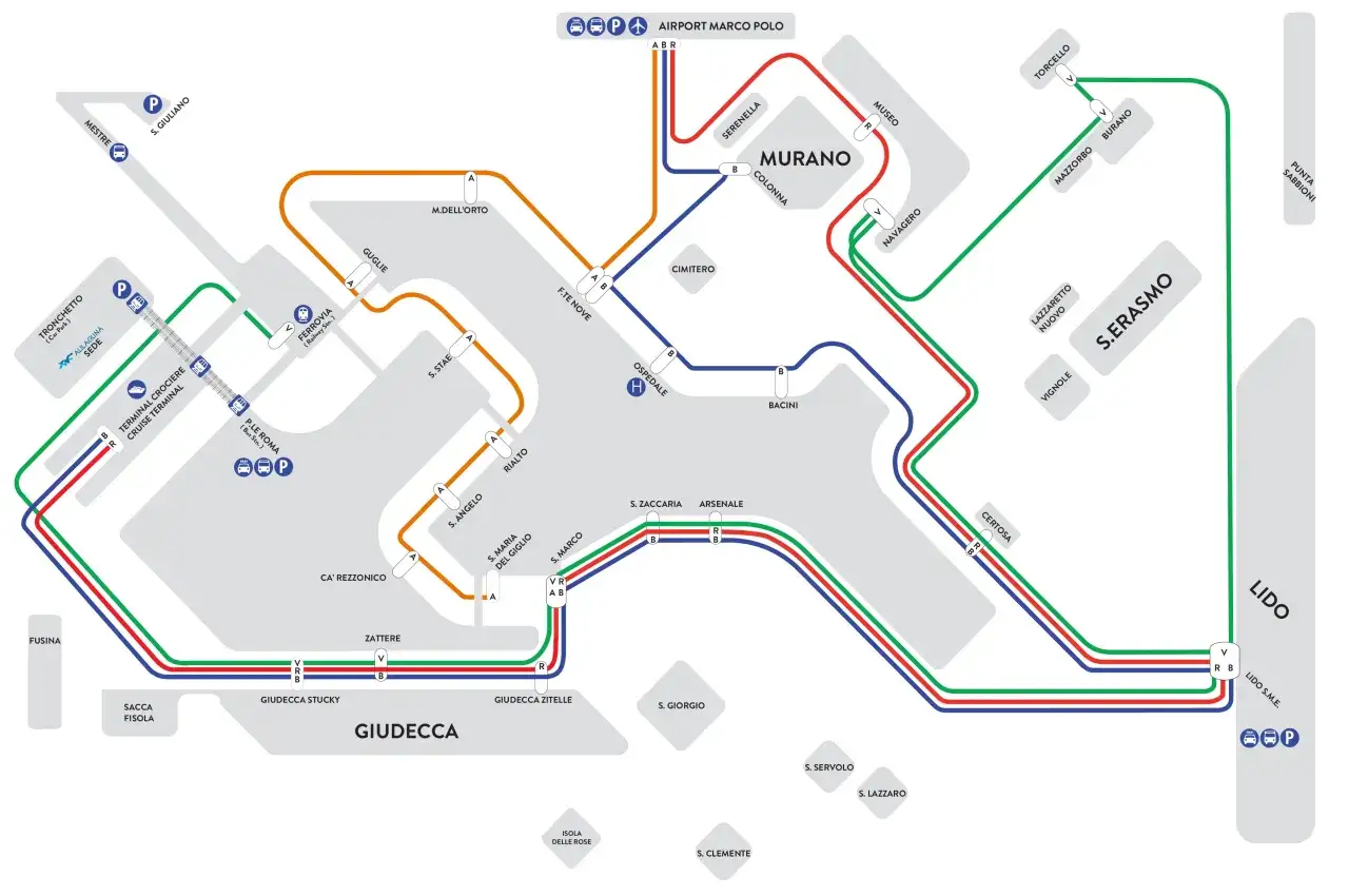 Mapa de transporte acu&aacute;tico de Venecia, mostrando rutas desde Mestre y el aeropuerto Marco Polo hasta Murano, Burano y Lido. Ideal para planificar tu viaje de milan a venecia.