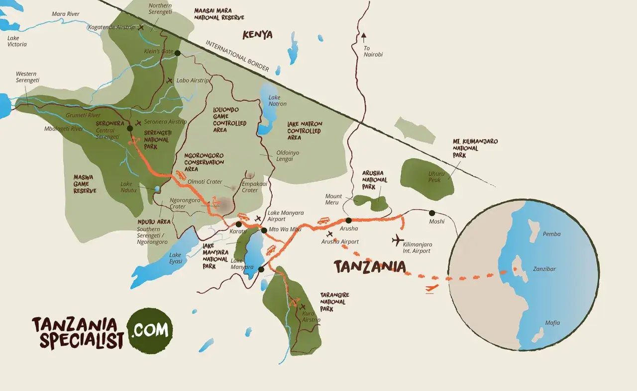 Mapa de Tanzania y Zanzibar, mostrando parques nacionales, reservas, aeropuertos y rutas de safari.