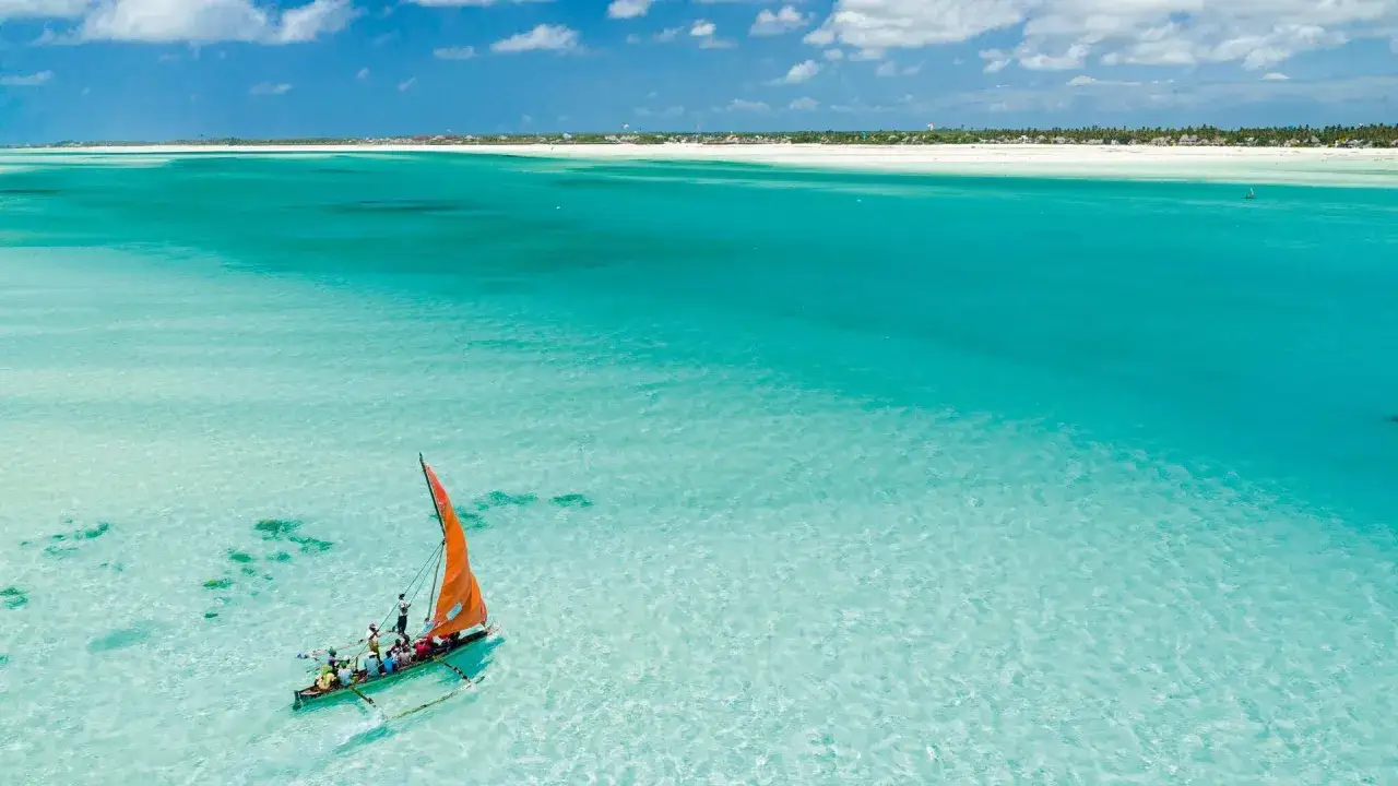 Dhow navegando en aguas turquesas cristalinas, ideal para tu mejor época para viajar a Zanzíbar. Playa blanca y cielo azul al fondo.