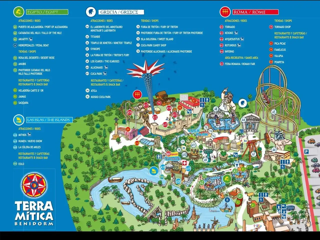 Mapa del parque temático Terra Mítica, con zonas de Egipto, Grecia y Roma, y atracciones como Furia de Tritón y El Laberinto del Minotauro.