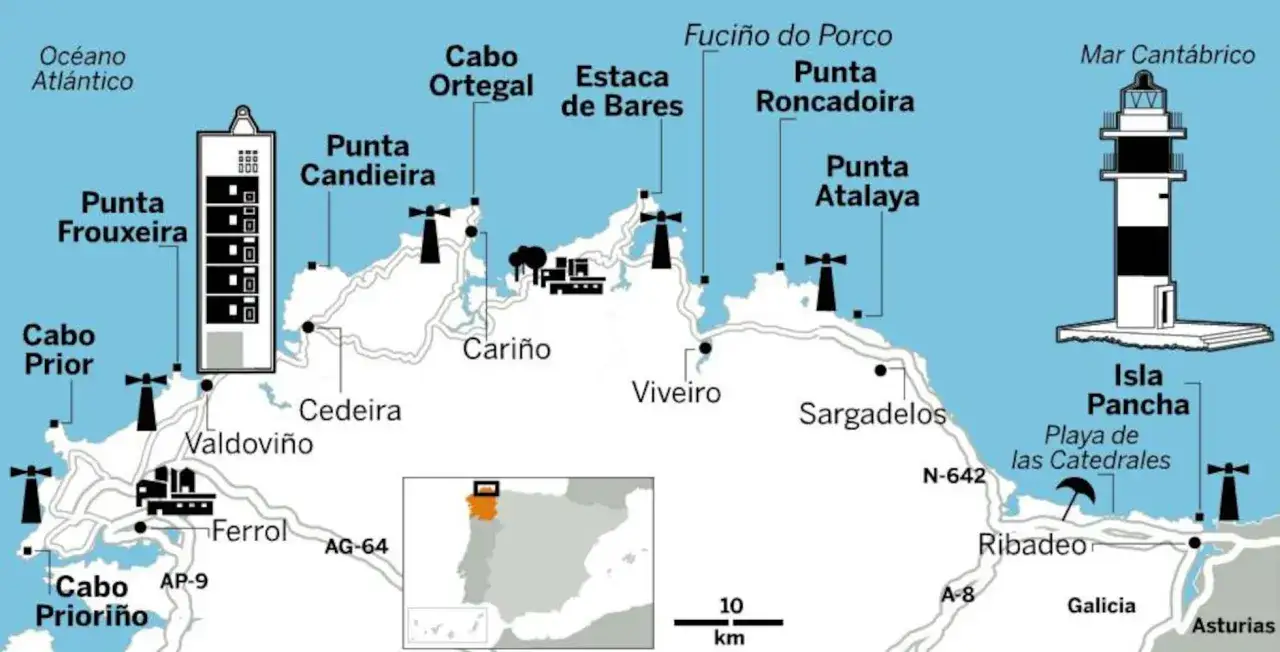 Mapa de la ruta de los faros Galicia en coche. Muestra faros como Punta Frouxeira, Cabo Ortegal y Isla Pancha.