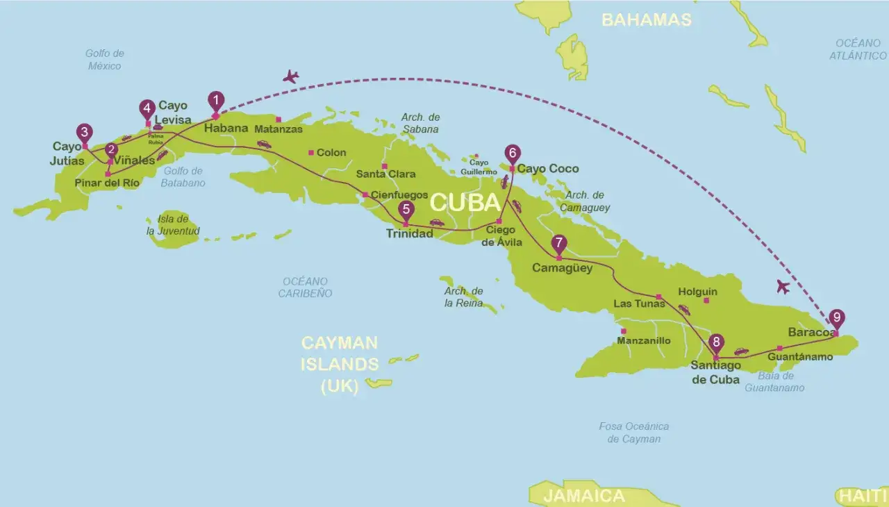 Mapa de Cuba con ruta de viaje: Pinar del Río, La Habana, Cayo Coco, Trinidad, Santiago. Ideal para viajar a Cuba por libre.