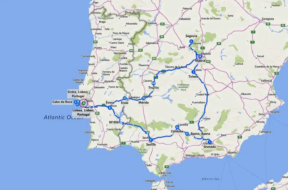 Mapa de una ruta para viajar a Portugal en coche, comenzando en Lisboa y recorriendo varias ciudades de Espa&ntilde;a como Madrid y Sevilla.