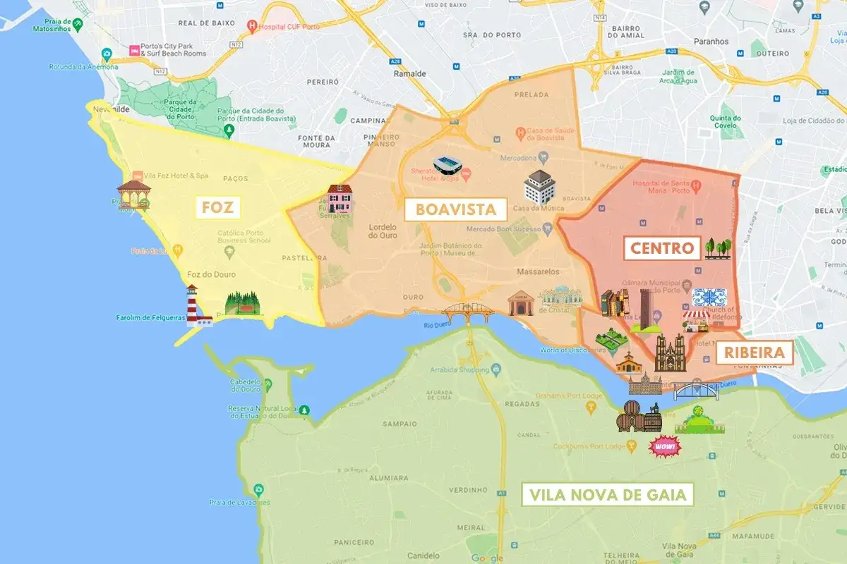 Mapa de Oporto con zonas: Foz, Boavista, Centro y Ribeira. Ideal para planificar qu&eacute; ver en Oporto en 3 d&iacute;as.