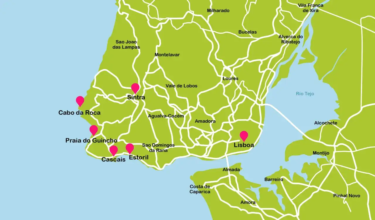Mapa de Portugal con puntos rosas en Lisboa, Sintra, Cascais, Estoril, Praia do Guincho y Cabo da Roca. Ideal para planificar qu&eacute; ver en Portugal en 5 d&iacute;as.