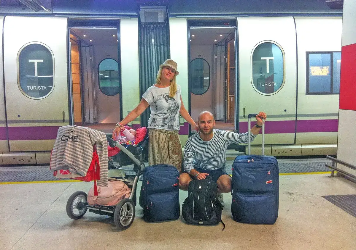 Familia lista para su viaje en tren por Espa&ntilde;a. Equipaje, carrito de beb&eacute; y sonrisas en el and&eacute;n.