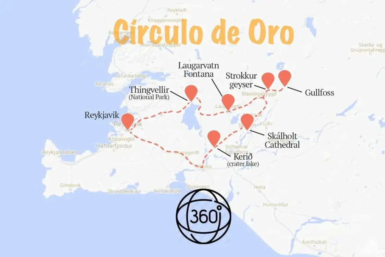 Mapa del C&iacute;rculo de Oro en Islandia, mostrando la ruta tur&iacute;stica desde Reykjavik, pasando por Thingvellir, geiser Strokkur, Gullfoss, Sk&aacute;lholt y Keri&eth;.