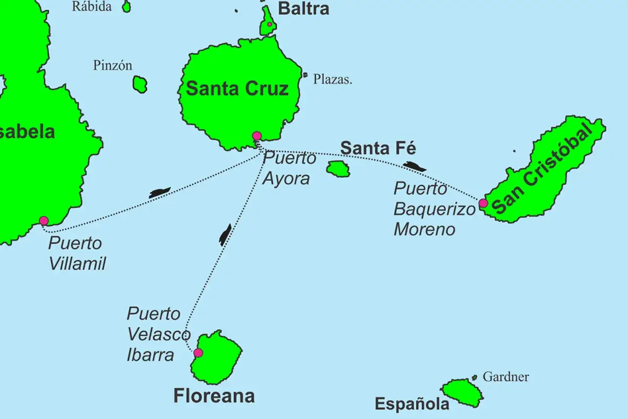 Mapa de las Islas Galápagos mostrando rutas de viaje entre Isabela, Santa Cruz, Floreana, San Cristóbal y otras islas.