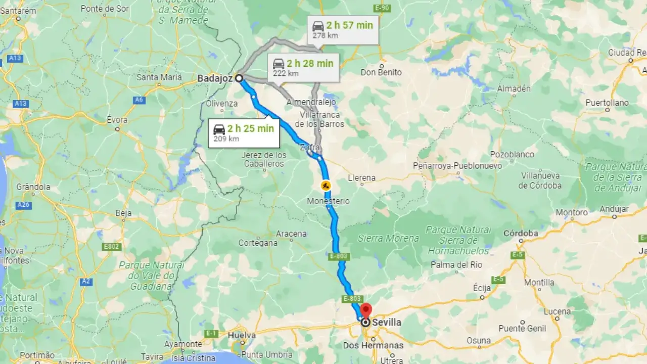 Ruta de Badajoz a Sevilla: 2h 25min, 209 km. Muestra cómo llegar a Sevilla en coche.
