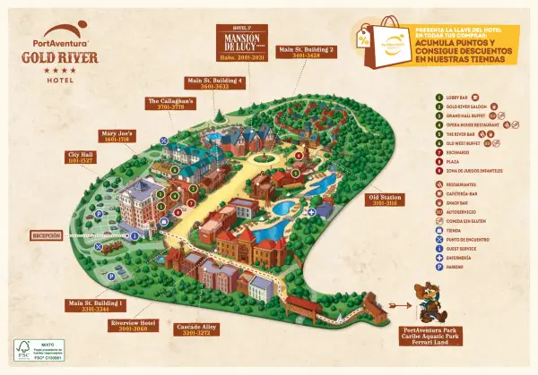Mapa del hotel Gold River, con edificios, piscinas y atracciones. Incluye el lobby bar, salones y restaurantes.