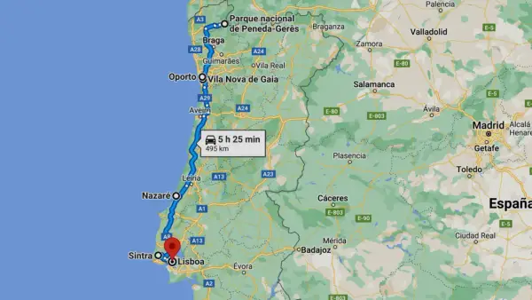 Mapa de una ruta por Portugal, desde el norte (cerca de Braga) hasta Lisboa, pasando por Oporto y Nazaré. El trayecto dura 5h 25min y recorre 495 km.