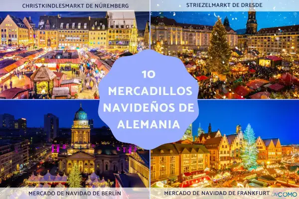 Imágenes de mercados de Navidad en Alemania: Nuremberg, Dresde, Berlín y Frankfurt. Luces, árboles y puestos festivos crean un ambiente mágico.