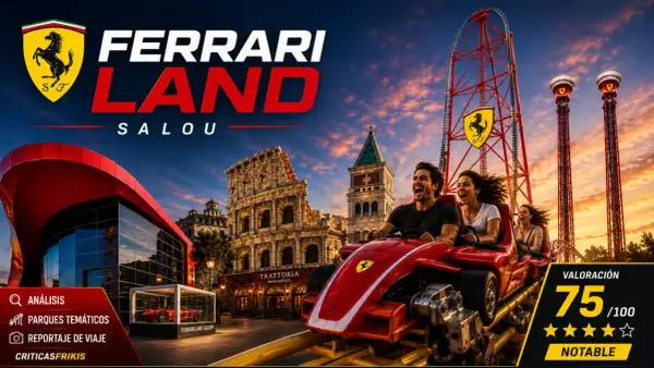 Pareja emocionada en una montaña rusa en Ferrari Land, cumpliendo sus flying dreams. El parque temático de Salou ofrece adrenalina y diversión.