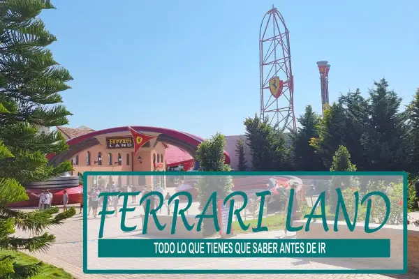 Entrada a Ferrari Land con su icónica torre y atracciones. ¡Consigue tu fast pass para disfrutar al máximo!