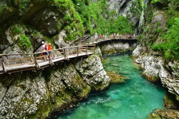 Una ruta por Eslovenia te lleva por pasarelas de madera sobre un río turquesa en un cañón verde.