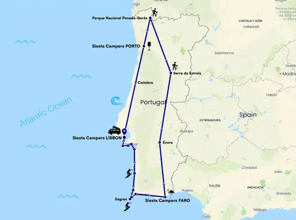 Mapa de una ruta para viajar a Portugal en coche, visitando Oporto, Lisboa, Faro y el Parque Nacional Peneda-Gerês.