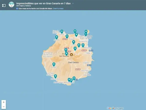 Mapa interactivo con puntos de interés para saber qué ver en Las Palmas de Gran Canaria en 7 días, incluyendo Agaete, Teror y Mogán.