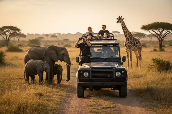 Una familia disfruta de safaris en África, observando elefantes y una jirafa al atardecer desde un jeep.