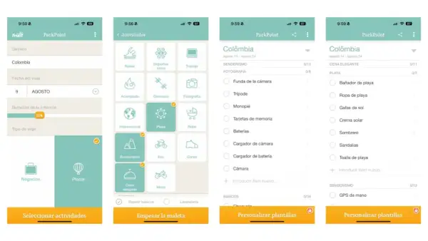 Pantallas de apps de viajes para planificar equipaje. Muestra destinos, actividades como senderismo y playa, y listas de artículos.