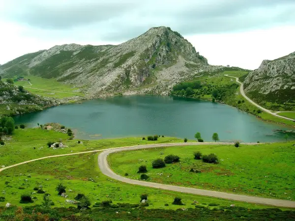 Lago en Cangas de Onís que ver: un paisaje montañoso verde con un lago sereno y carreteras serpenteantes.