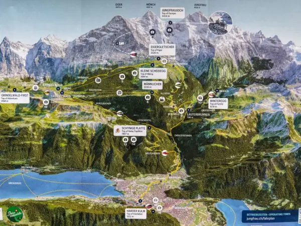 Mapa de la región de Jungfrau, Suiza, con rutas de tren y teleférico, picos como Eiger y Jungfraujoch, y pueblos como Grindelwald e Interlaken. ¡Qué ver en Suiza!